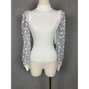 Madden Girl Women's Juniors' Ribbed Top Sheer Butterfly Sleeves White Small NWTs